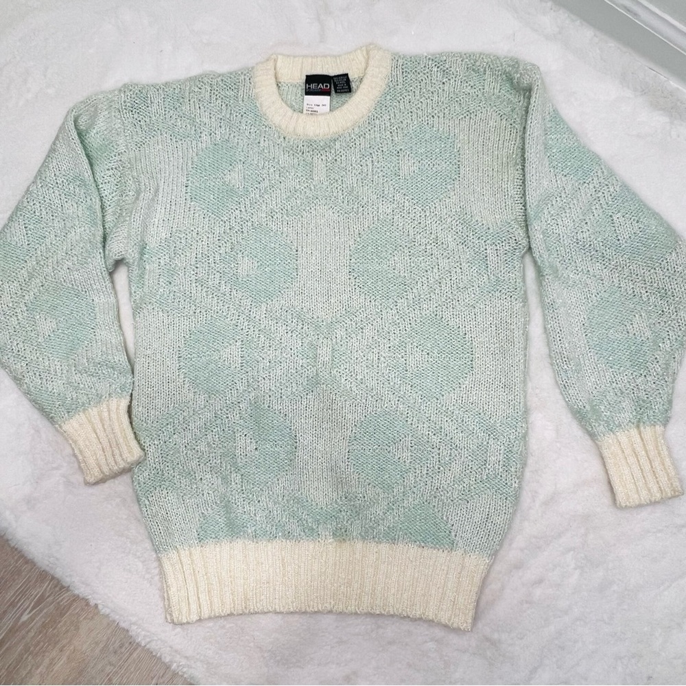 VINTAGE HEAD Sportswear Wool Blend 80’s 90’s Ski Sweater Mint Green Cream Medium - Picture 2 of 13